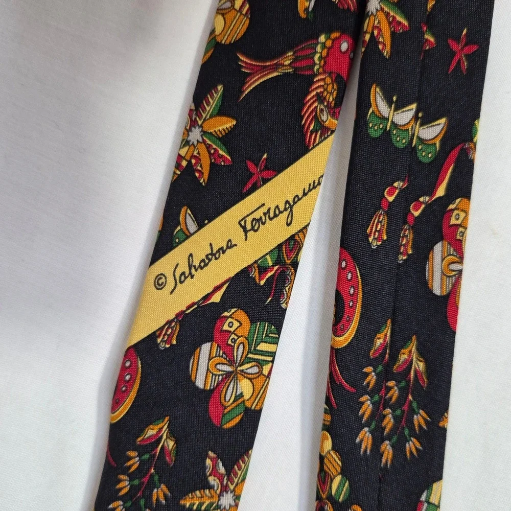 Salvatore Ferragamo Tie Men Black Silk Bird Butterfly Floral Print Italy Necktie